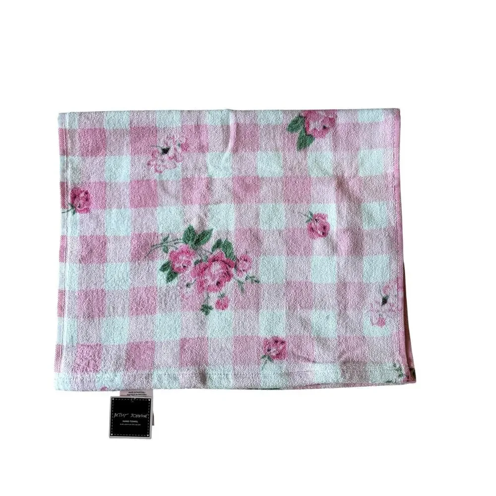 2pc Betsy Johnson Pink Gingham Floral  Hand Towels 100% Cotton 16x26 NEW
